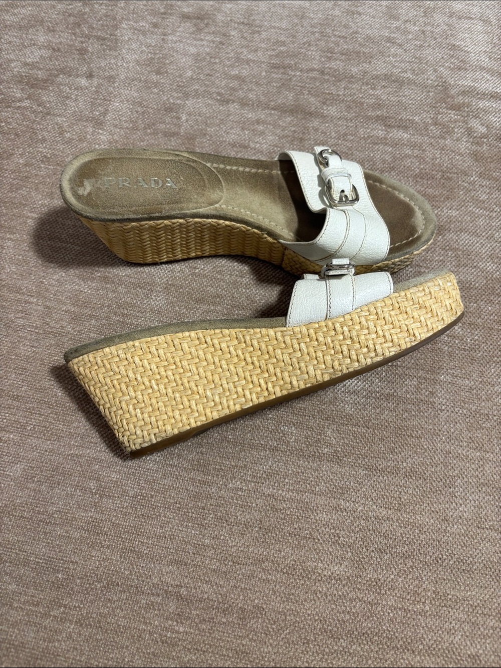 Prada White Leather Wedge Sandals with Natural Espadrille Platform